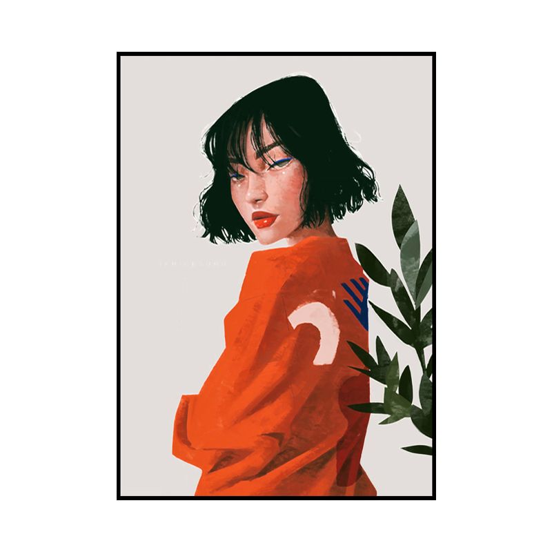 Red Woman and Foliage Canvas Textured Nordic Living Room Wall Art Decor, Multiple Sizes Available