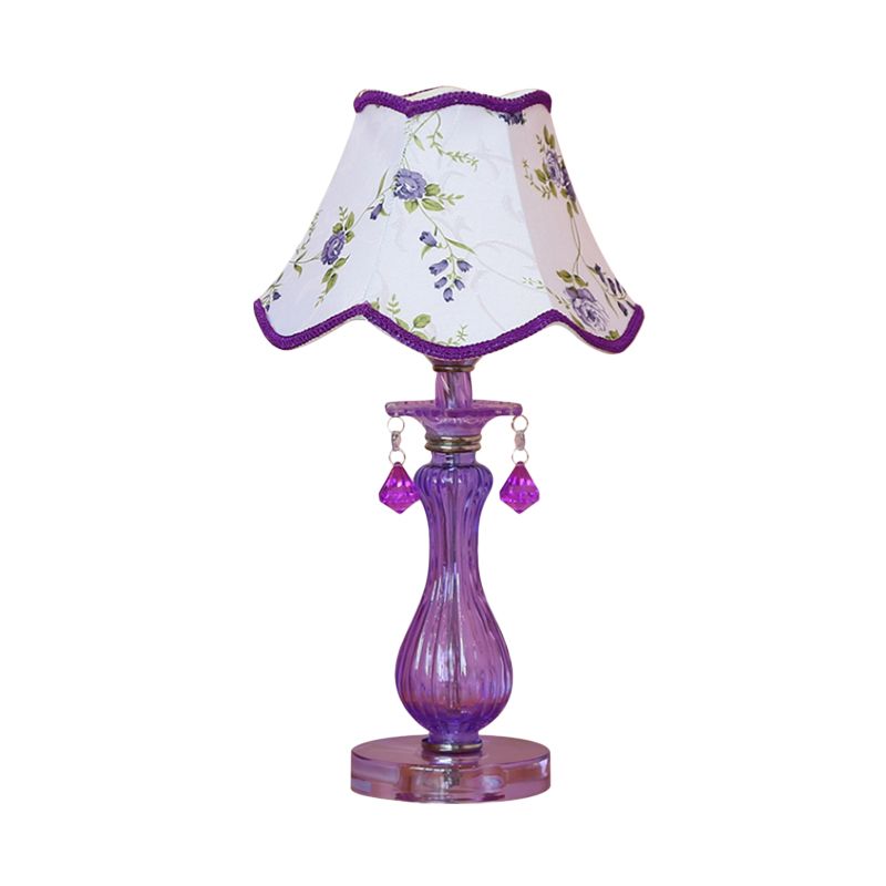 Romantic Pastoral 1 Light Night Lamp Purple Cone/Scalloped Nightstand Light with Fabric Shade and Crystal Accent