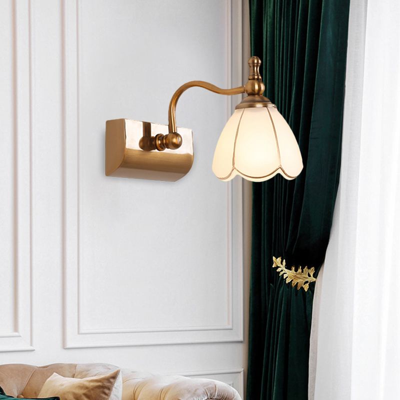 White Glass Brass Vanity Lamp Scalloped 1/2-Light Rustic Style Wall Mounted Lighting with Curved Arm
