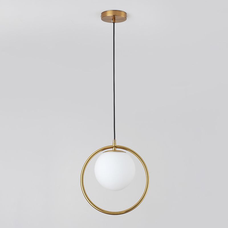 Nordic Minimalism Golden Ring Hanging Light with White Glass Ball Shade Mini Pendant Fixtures for Bedside