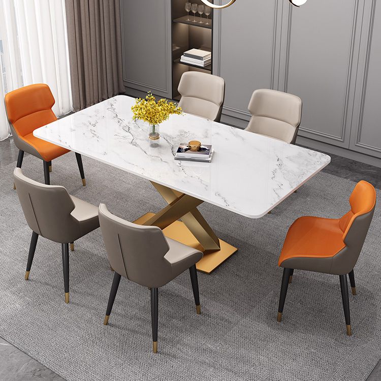 Luxury Sintered Stone Top Dining Table Rectangle Table with Single Pedestal in Gold