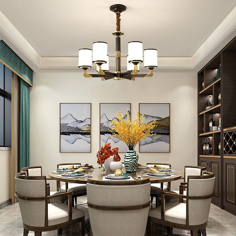 Modern Metal Pendant Light Cylindrical Glass Shade Chandelier Lighting for Bedroom