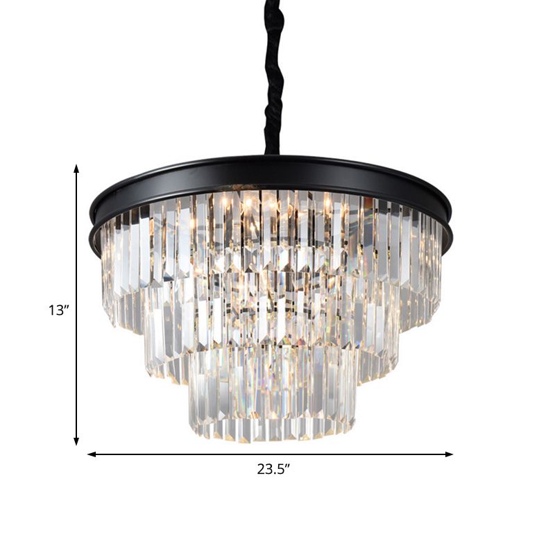 Luce a soffitto a livello di vetro in cristallo trasparente Postmoderno 9/12 Luci Lampadella nera, larghezza 16 "/23"