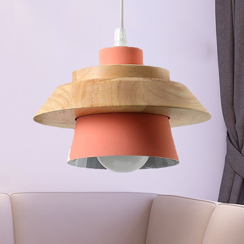 Macaron Style Mushroom Pendant Light Metal Wood 1 Light Hanging Light for Restaurant