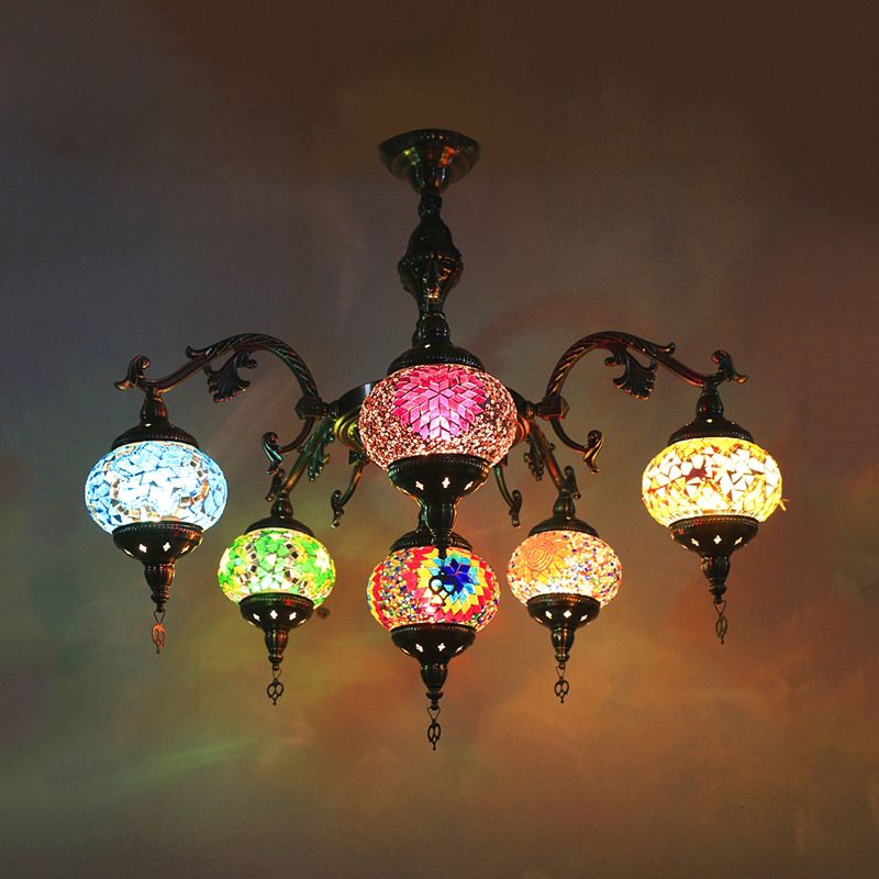 Stained Glass Bronze Hanging Chandelier Oval 6 Heads Traditional Suspension Light