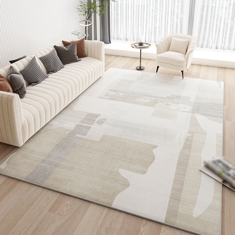 Beige Living Room Area Rug Geometric Pattern Modern Area Carpet Polyester Non-Slip Backing Rug