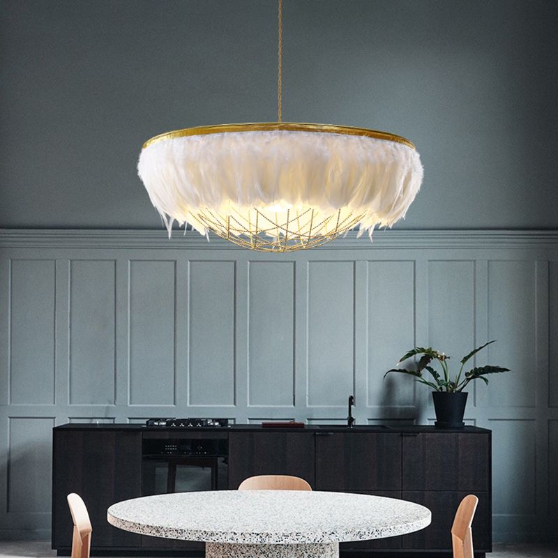 Dome Cage Metallic Chandelier Light Modern 2 Bulbs Gold Hanging Ceiling Lamp with White/Grey/Pink Feather Deco