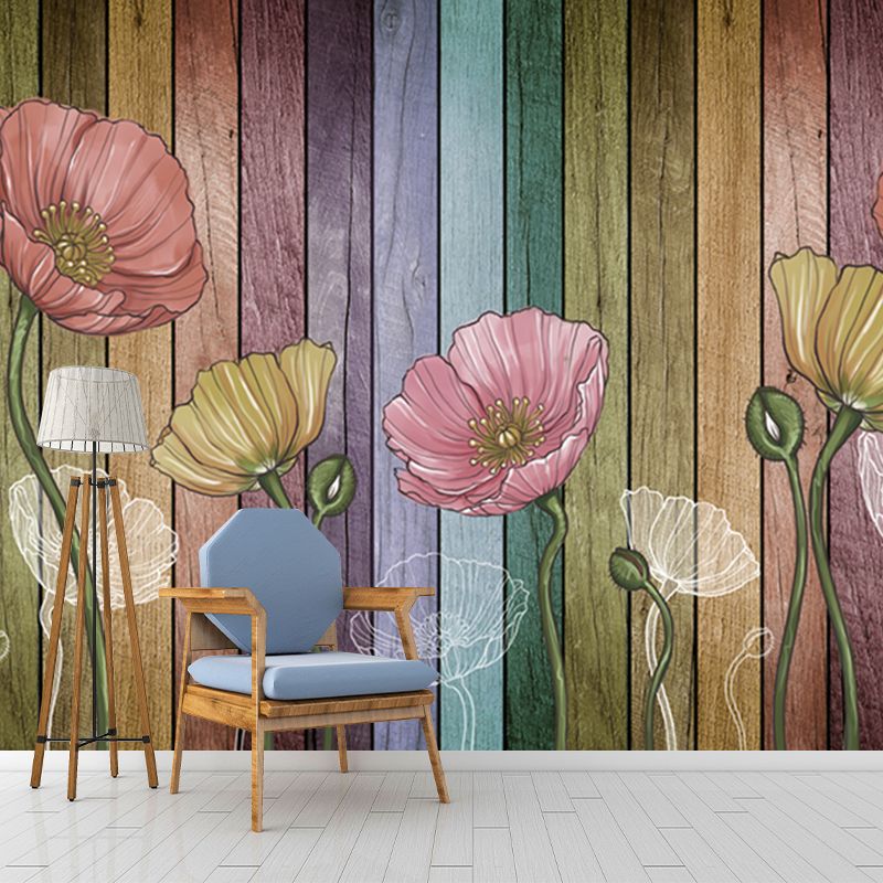 Magnolia and Wood Plank Murals Rural Moisture Resistant Bedroom Wall Art, Personalized Size