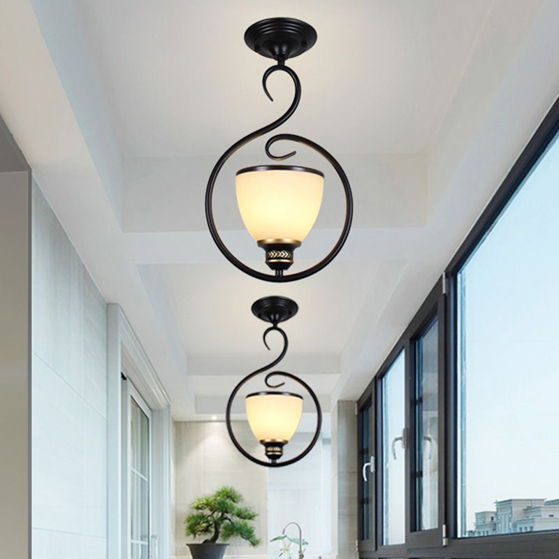 Black Bell Shade Ceiling Light Traditional Opal Glass 1 Head Dining Room Hooded Hanging Pendant Light