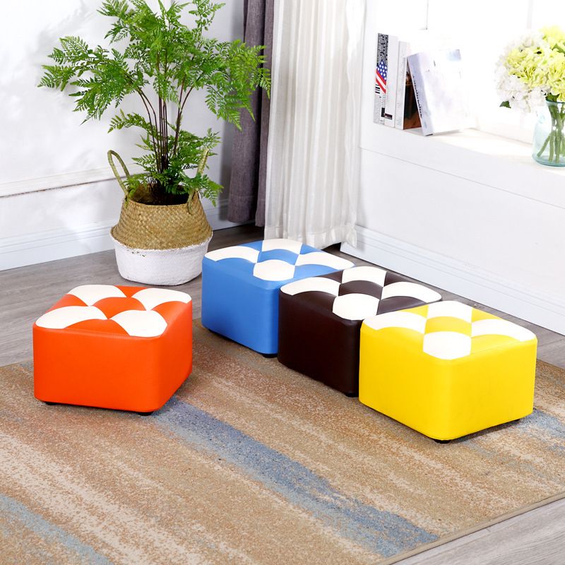 Contemporary Footstool Ottoman Faux Leather Tufted Patchwork Square Ottoman
