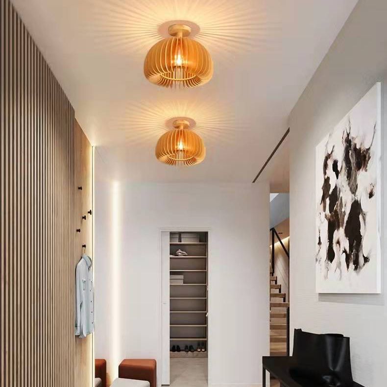 Modern Concise Flush Mount Wooden Pumpkin Ceiling Fixture for Interior Spaces