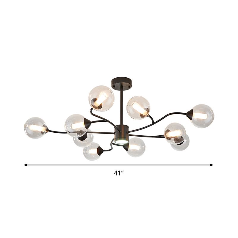 10 Heads Living Room Chandelier Lamp Modern Black Pendant Light Fixture with Orb Clear Glass Shade