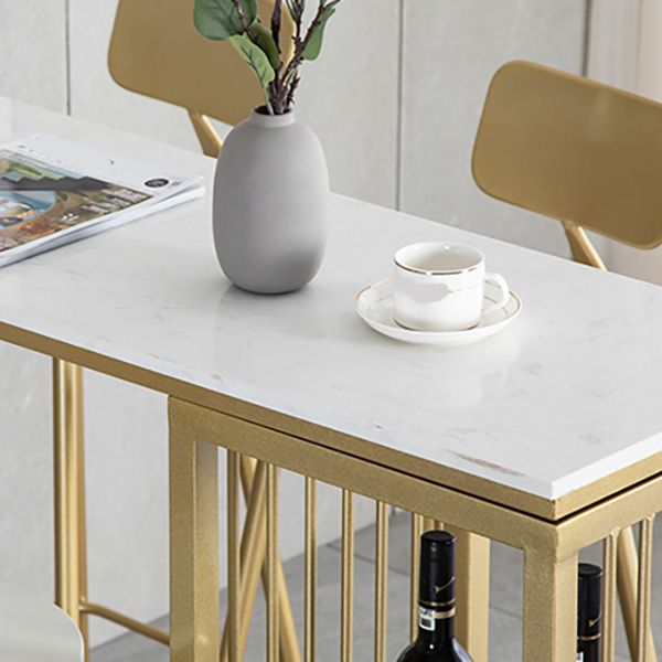 White Rectangle Faux Marble Top Bar Table Industrial Double Pedestal with Shelves