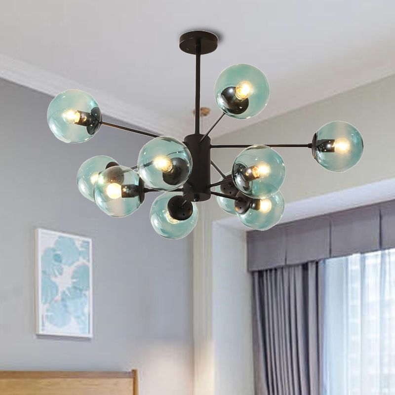 Amber/Blue/Clear Glass Spherical Chandelier Light Post Modern 6/8/10 Lights Black Pendant Lamp for Bedroom