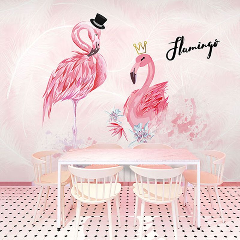 Water-Resistant Flamingo Wall Decor Customized Nordic Mural Wallpaper in Pink for Coffee Shop