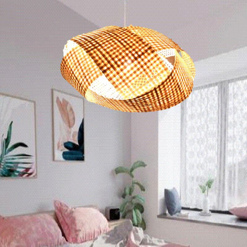 Coffee Shop Drum Hanging Light Bamboo Weaving Antique Style Single Light Pendant Light in Beige