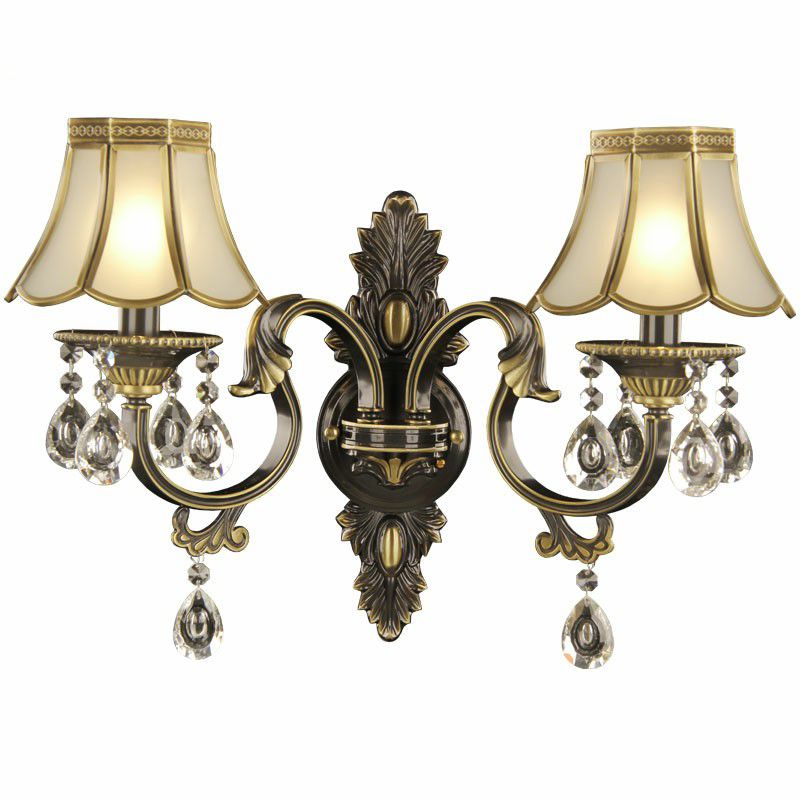 2 Heads Scalloped Wall Light Traditional Gold-Black Opal Glass Sconce Fixture with Crystal Decorations