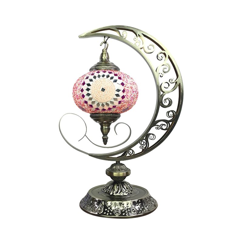 Global Bedroom Nightstand Lamp Decorative Stained Glass 1 Light White/Red/Pink Desk Light with Moon Design