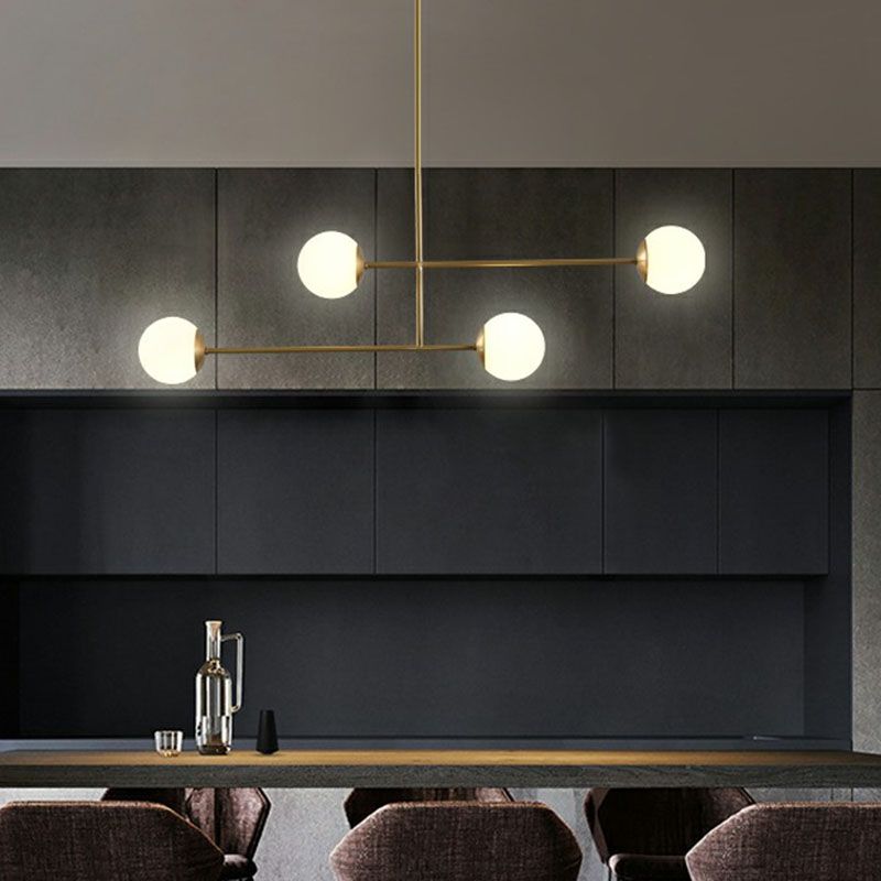 Finitura oro a pendente parallelo luce minimalista a 4-bulba lampada isola metallica con sfera Opal Glass Shade