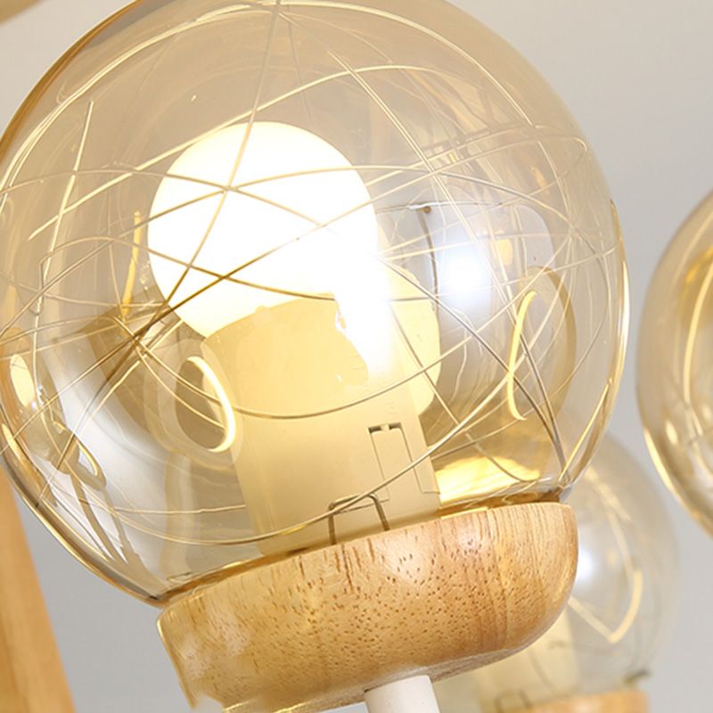 Minimalist Globe Chandelier Wooden 4-Light Bedroom Suspension Light with Glass Shade
