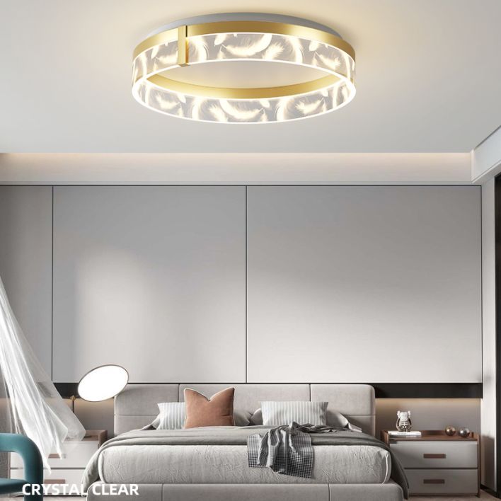 Circular Acrylic Feather LED Flush Mount in Modern Romantic Style Wrought Iron Ceiling Light for Dining Room