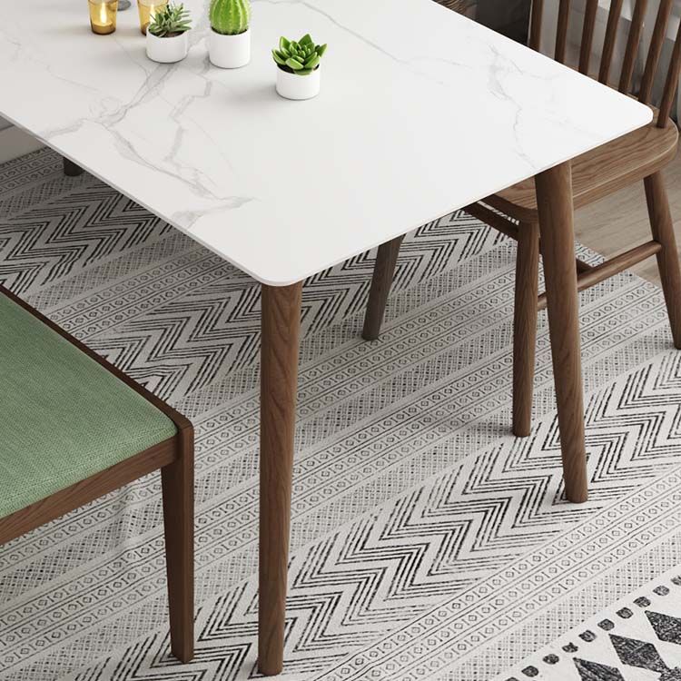 Solid Wood Frame Mid-Century Dining Table White Stone Top Table