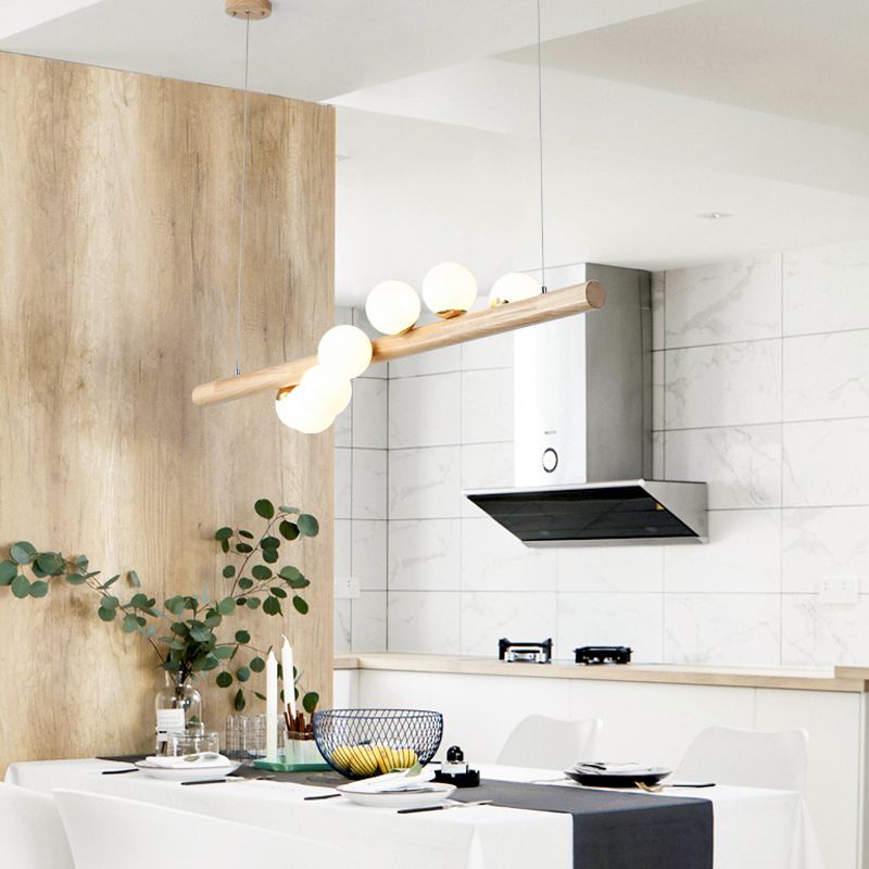 Modern Simple Wooden Hanging Lamp Ball Shape Shade Island Light Fixture for Dining Table