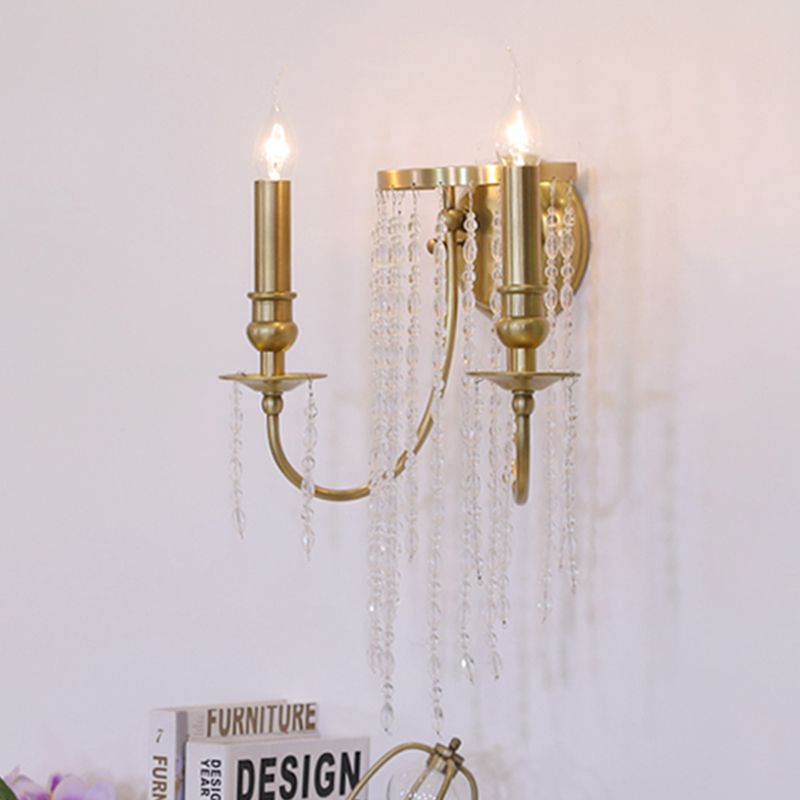 1/2 Lights Corridor Wall Lamp Modern Gold Sconce Light with Metal Candle Design and Crystal Strand Decoration