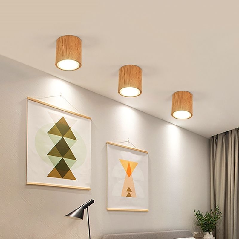 Round/Square Mini Corridor Ceiling Lamp Wooden 4"/6"/8" H LED Nordic Flush Mount Lighting in Beige