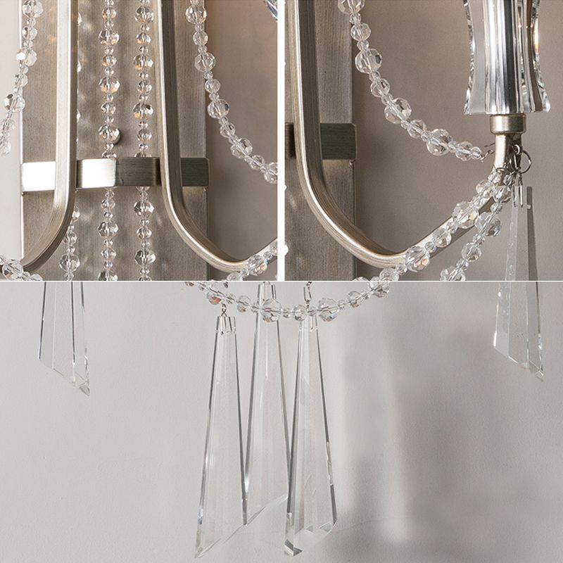 Franse landstijl kaarslandlamp 2-bulb metalen wandlamp met kristallen in geborsteld zilver