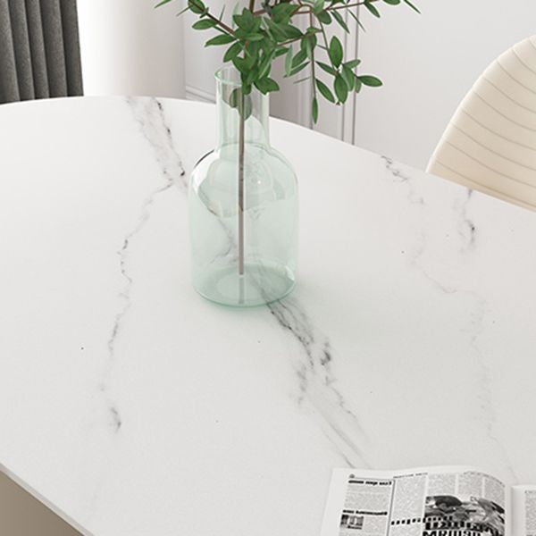 Oval Sintered Stone White Tone Dining Table Simplicity Double Pedestal Table for Dining Room