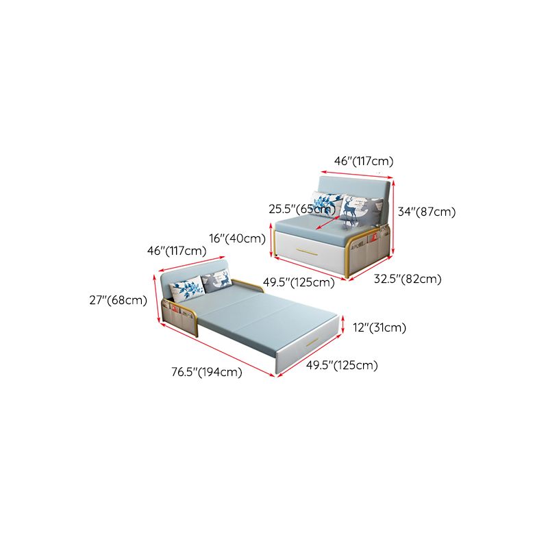 Glam Round Arms Futon Frame Bonded Leather Blue Sleeper Sofa