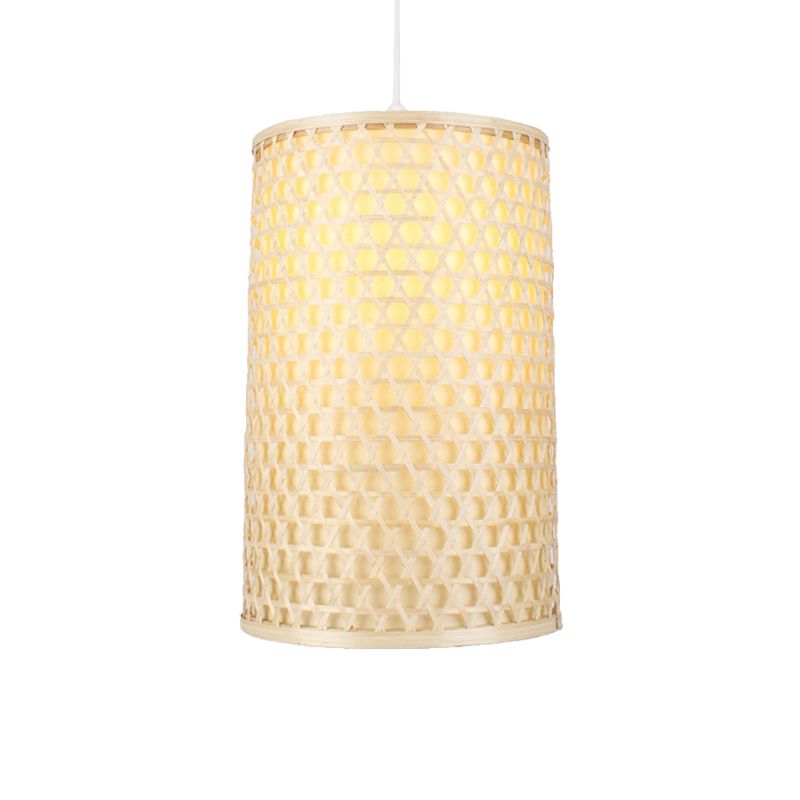 Cylindrical Bamboo Hanging Ceiling Light Modernist Style 1 Head Beige Pendant Lamp for Dining Room