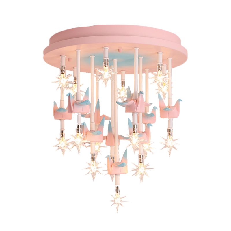 Resin Horse/Bird/Crane Ceiling Light Fixture Kids 13/16 Lights Blue/Pink Flush Mount Lighting with Clear Glass Shade