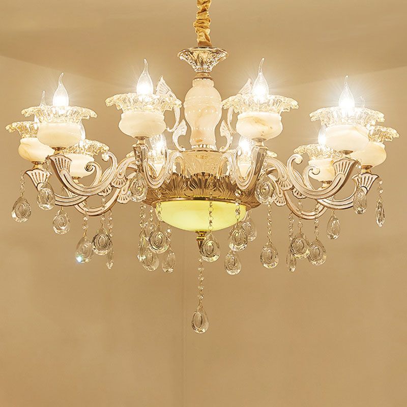 Gold Petal Chandelier Lamp Contemporary Jade Suspension Light with Crystal Draping