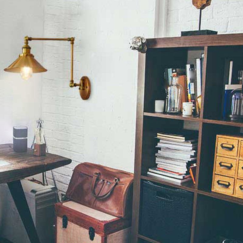 Industrial Style Swing Arm Wall Sconce Metal 1 Light Sconces in Gold for Bedroom