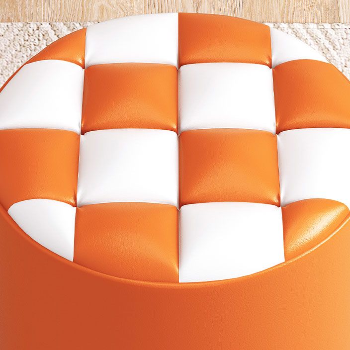 Mid-Century Modern Pouf Ottoman Faux Leather Tufted Square Pattern Round Ottoman