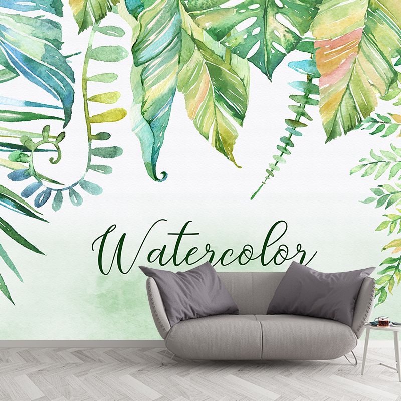 Whole Plants Wall Mural Decal Tropical Relaxing Watercolor Leaf Wall Art in Yellow-Green