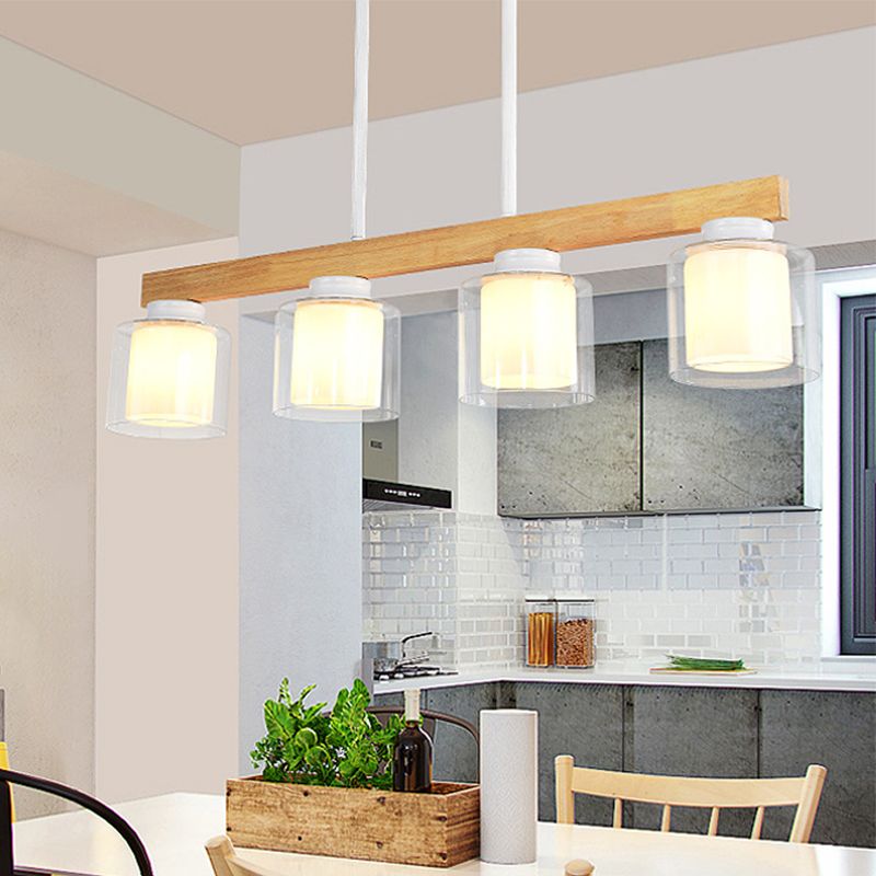 Nordic Linear Island Light Wood 3/4 Heads Dining Room Hanging Lamp with Cylinder White Glass Shade Inside