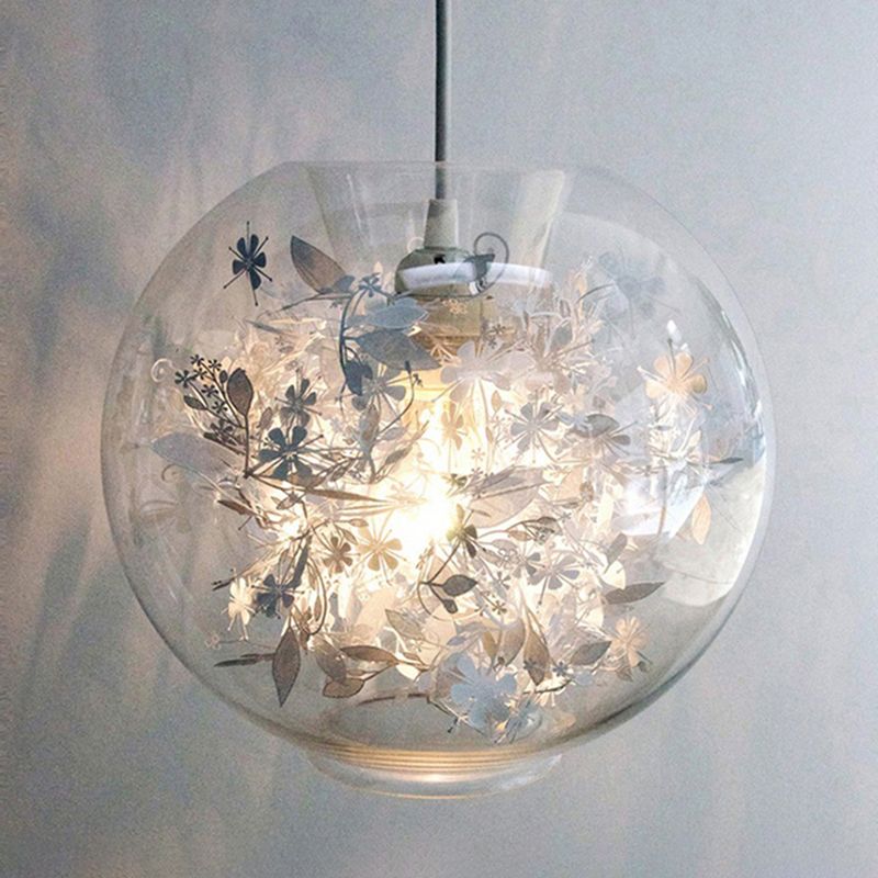Global Transparent Glass Suspension Light Minimalist 1 Bulb Ceiling Pendant with Scattered Flower Deco