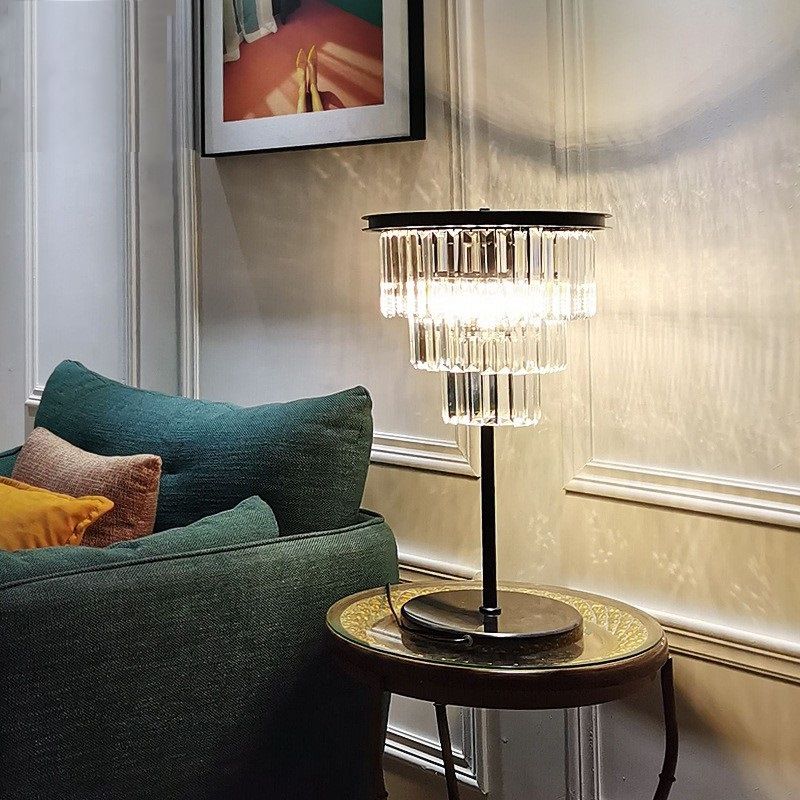 American Style Crystal Table Lamp Black 3 Lights Desk Lamp for Bedroom