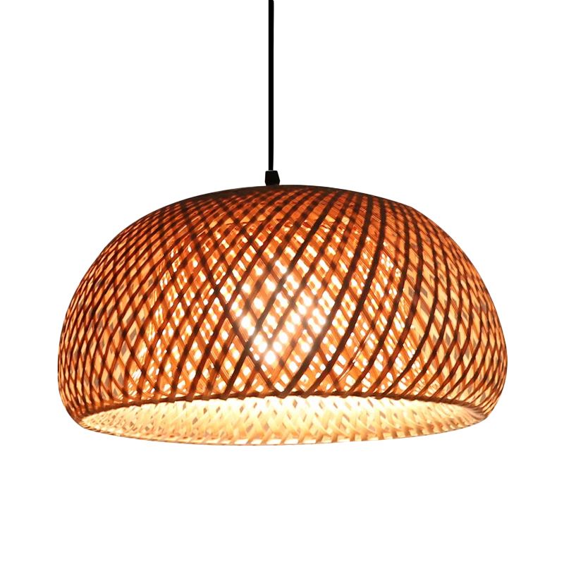Dual Dome Shade Bamboo Hanging Light Asia 12"/15" Wide 1 Head Beige Pendant Lamp for Parlor