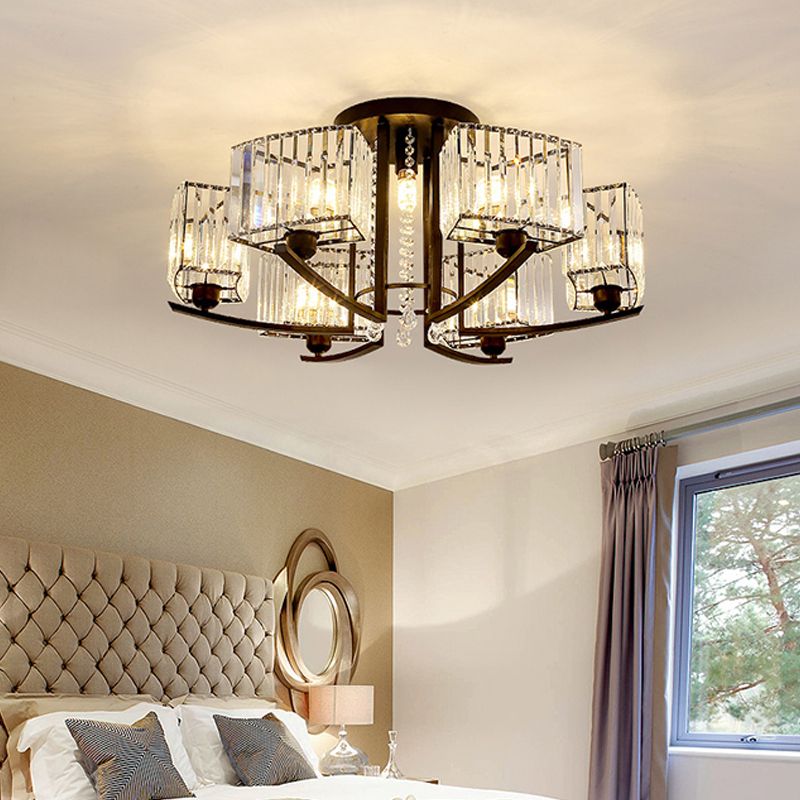 Round Living Room Ceiling Lamp Retro Crystal Block Black Semi Flush Mount Lighting