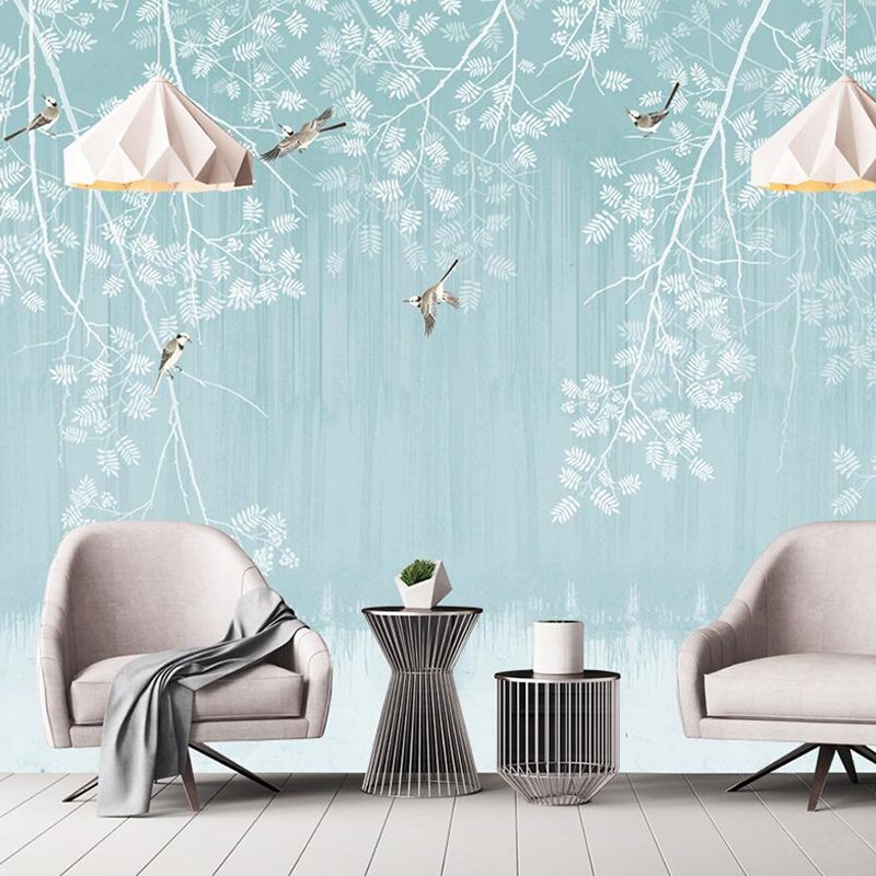 Blue and White Chinese Mural Wallpaper Custom-Printed Bird and Plant Wall Art for Home Decor