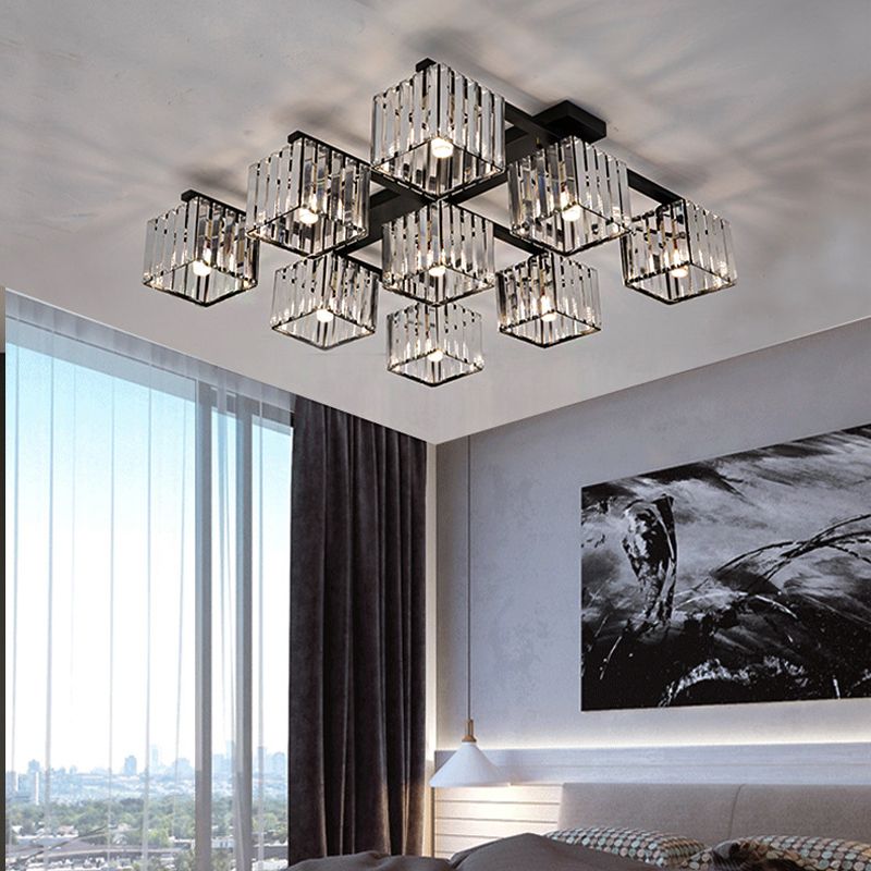Accesorio de techo para sala de estar, barra de cristal de tres lados, cuadrado moderno, semiempotrado, 4/6/9 luces, en dorado/negro