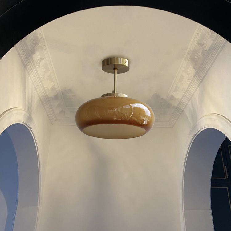 Colonial Style Brass Flush Mount Drum Hand-blown Glass Ceiling Light Fixture for Bathroom