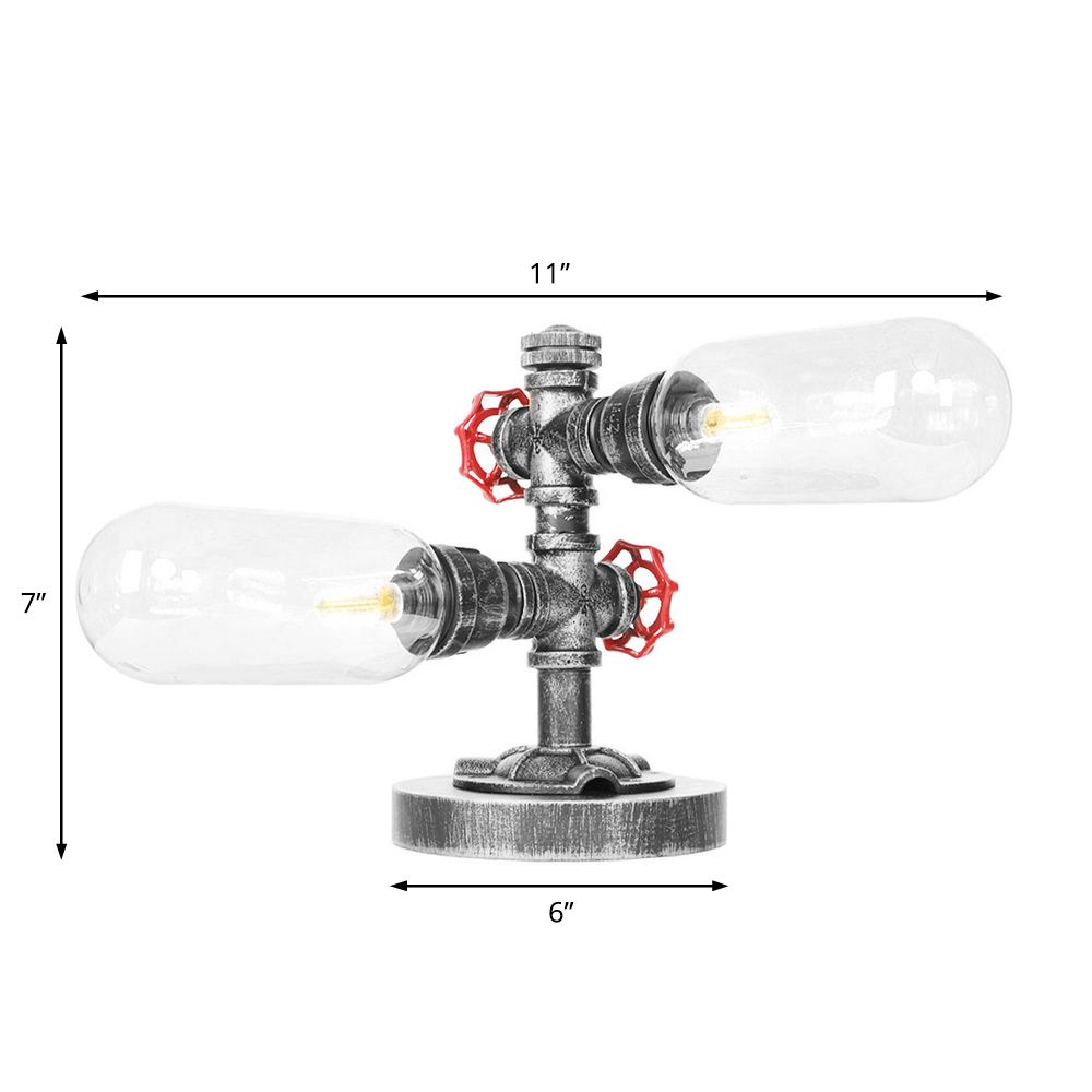 Lámpara de escritorio industrial de 2 luces con pantalla de cápsula de luz de mesa plateada antigua de vidrio transparente/ámbar para sala de estar