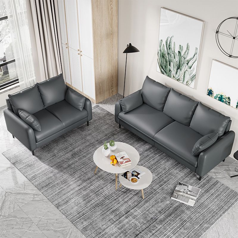 Faux Leather Square Arm Sofa Standard Sofa for Living Room with Bolster Pillows