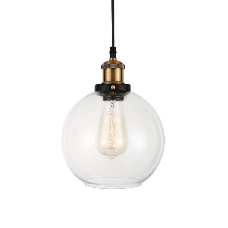 Clear Glass Globe Hanging Pendant Light with Adjustable Cord Industrial Suspension Lamp in Brass