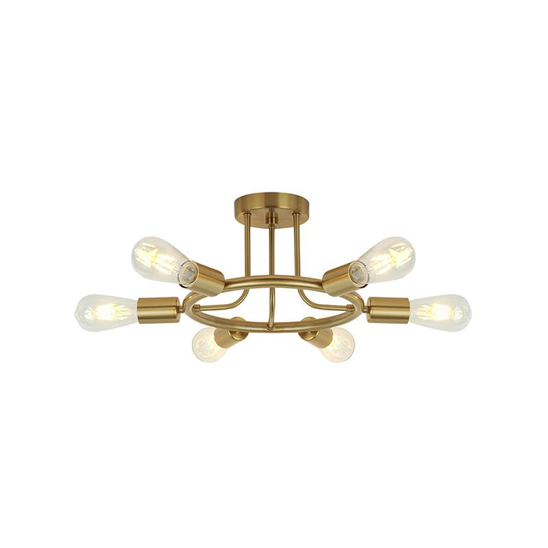 Bare Bulb Semi Flush Ceiling Light Mid Century Metallic 6 Heads Semi Mount Light in Brass/Black Finish